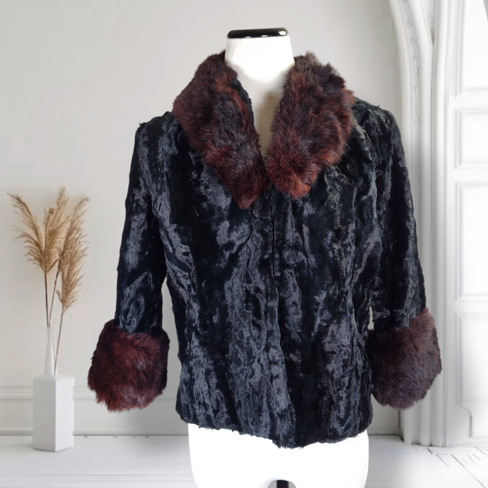 Vintage Black Faux Fur Jacket Real Fox Fur Collar Cuffs 3/4 Sleeve Small